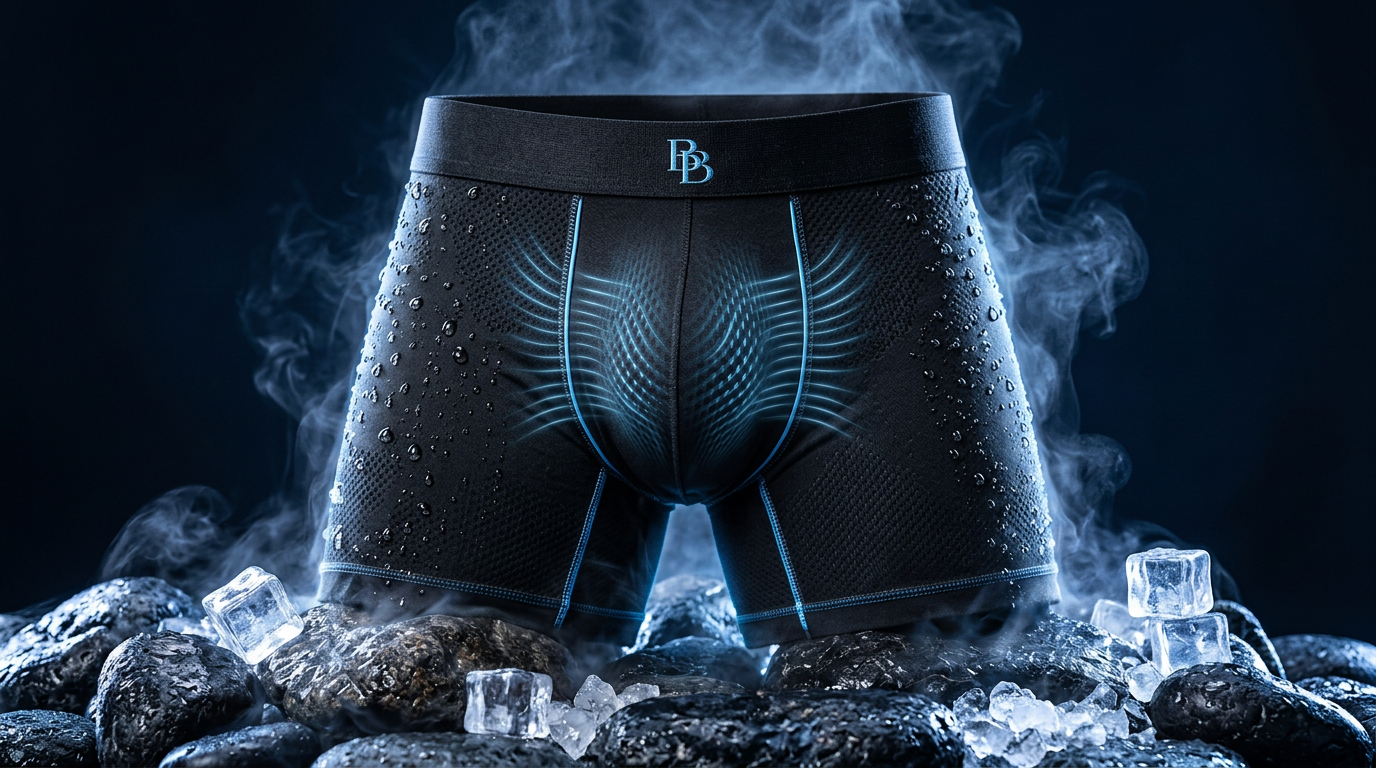 Black BluBallz cooling boxer briefs on ice