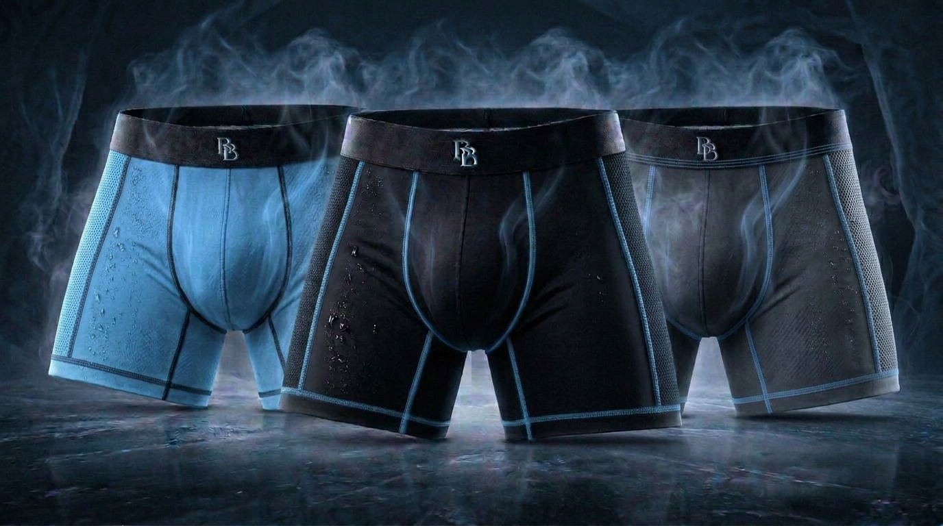 Three BluBallz boxer briefs in blue, black and charcoal gray